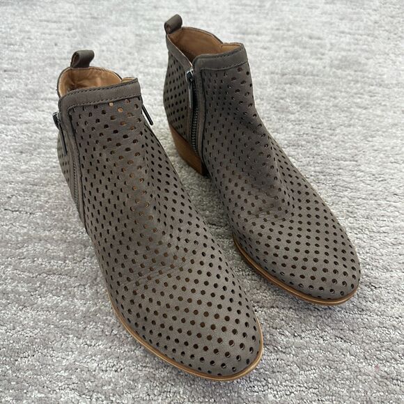 Lucky Brand Boots Womens 9 Gray Leather Basel Ankle Bootie Perforated Mesh - Picture 1 of 13